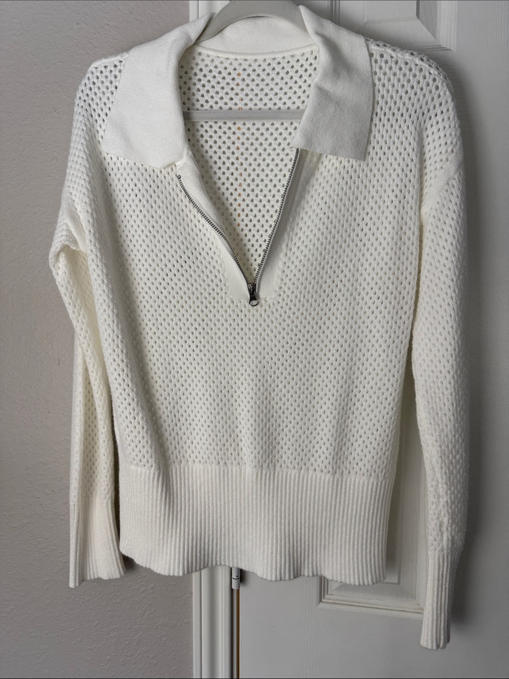 White Zip-Front Open Knit Sweater with Collar